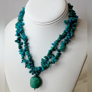 Turquoise 925 Toggle Nugget Double Strand Large Pendant Stone Necklace 17"